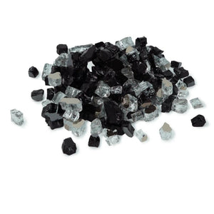 A pile of Starfire Glass 1/2" Broken Pre-Mixed Fire Glass in Black Diamond, featuring a sleek blend of jet black and reflective clear glass pieces. Perfect for use in fire pits, gas fire bowls, and fire tables, this heat-resistant fire glass enhances flame reflection for an elegant outdoor ambiance.