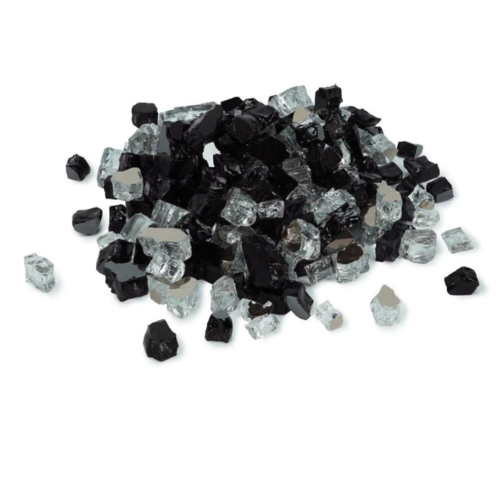 A pile of Starfire Glass 1/2" Broken Pre-Mixed Fire Glass in Black Diamond, featuring a sleek blend of jet black and reflective clear glass pieces. Perfect for use in fire pits, gas fire bowls, and fire tables, this heat-resistant fire glass enhances flame reflection for an elegant outdoor ambiance.