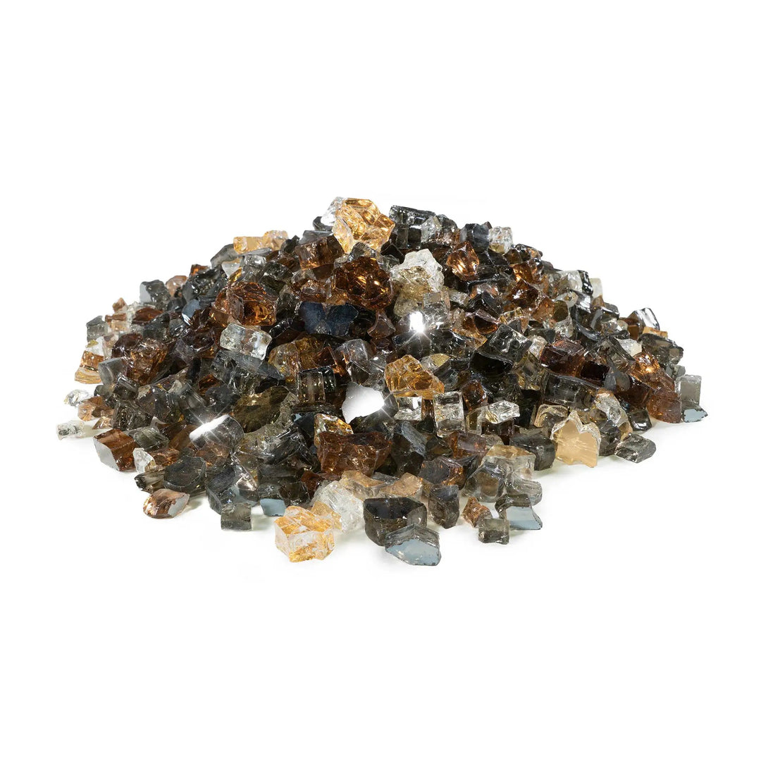 A pile of Starfire Glass 1/2" Broken Pre-Mixed Fire Glass in Desert Gold, featuring a shimmering blend of gold, bronze, and clear reflective glass pieces. Perfect for modern gas fire pits, fire tables, and backyard fireplaces, this heat-resistant glass enhances flames with a warm, elegant ambiance.