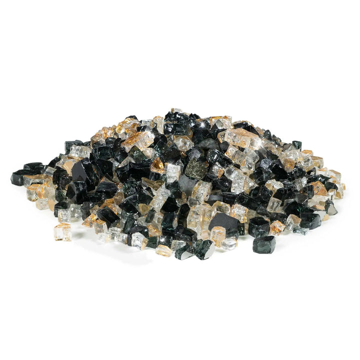 A mound of Starfire Glass 1/2" Broken Pre-Mixed Fire Glass in Egyptian Gold, showcasing its glossy gold and clear reflective pieces. This fireplace glass is perfect for modern fire pits, gas fire tables, and backyard fire bowls, offering brilliant flame reflection and heat-resistant durability.