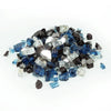A loose pile of Starfire Glass 1/2" Broken Pre-Mixed Fire Glass in Ocean Deep, showcasing a blend of deep blue, black, and transparent reflective pieces. Ideal for fire pits, fire tables, and gas fireplaces, this high-quality glass enhances flame performance and adds a luxurious touch to outdoor and indoor spaces.