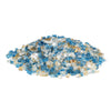 A loose pile of Starfire Glass 1/2" Broken Pre-Mixed Fire Glass in Pacific Sky, displaying a stunning blend of sky blue, clear, and gold-tinged glass pieces. Designed to withstand high temperatures, this fire glass enhances gas fire pits, fireplaces, and outdoor fire tables, providing a vibrant flame reflection.