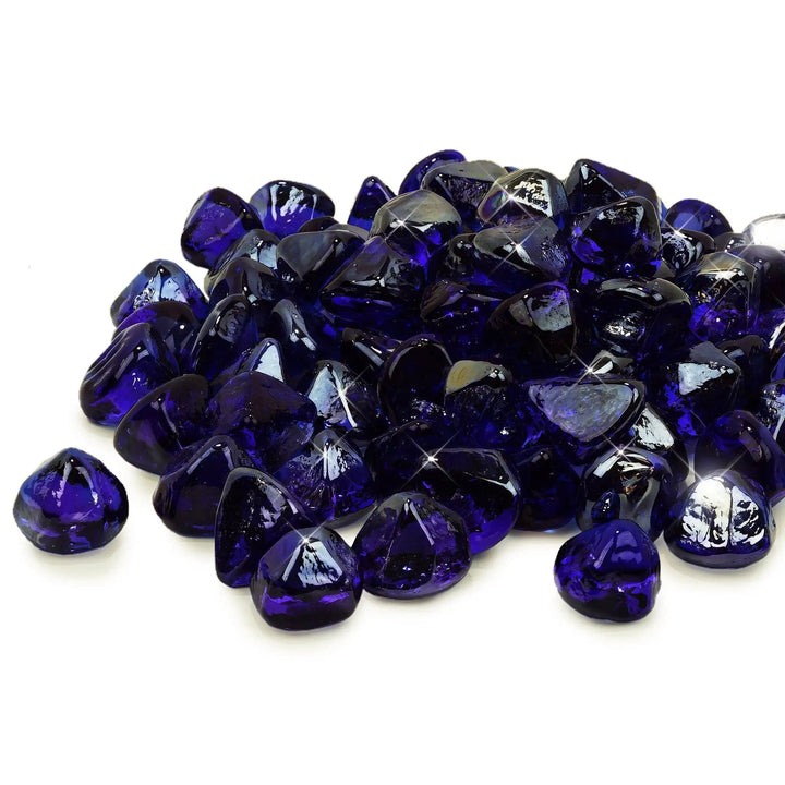 A pile of Starfire Glass Reflective Fire Diamonds in Cobalt Blue, offering a deep, intense shade that enhances outdoor fire tables and patio fire pits. Their high-shine finish maximizes light reflection, delivering a luxury fire pit media experience.