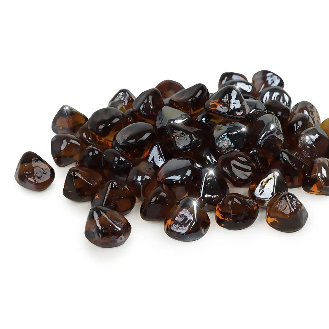 Starfire Glass Reflective Fire Diamonds in Copper, featuring a warm metallic shimmer ideal for commercial fire pits and gas fire bowls for outdoor spaces. These durable fire glass gems provide a rich, inviting glow in both modern and rustic settings.