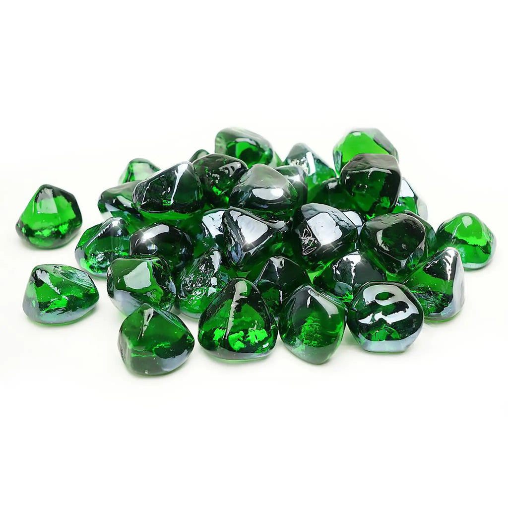 A vibrant collection of Starfire Glass Reflective Fire Diamonds in Emerald Green, adding a natural, gem-like aesthetic to any patio fire pit or gas fire table. These heat-resistant fire media pieces create a luxurious, high-end fire display.