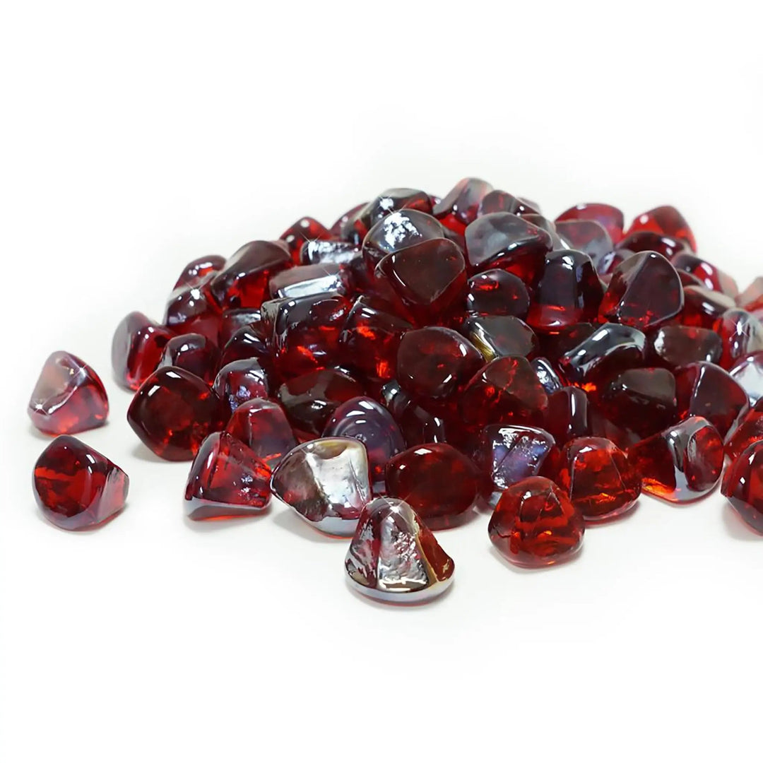 A bold and fiery collection of Starfire Glass Reflective Fire Diamonds in Red, perfect for creating a dramatic ambiance in gas fire tables and commercial fire pits. Their reflective surface maximizes brightness, adding a vivid pop of color to any fire feature.