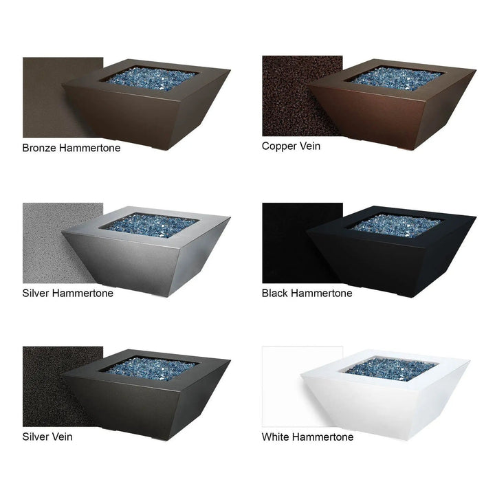Color options for the Steel Mill 72-inch by 38-inch Rectangle Gas Fire Pit, showcasing finishes in Bronze Hammertone, Copper Vein, Silver Hammertone, Black Hammertone, Silver Vein, and White Hammertone. Ideal for various outdoor decor styles for outdoor fire pit