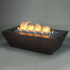 Full view of the Steel Mill 72-inch by 38-inch Rectangle Gas Fire Pit in Copper Vein finish, featuring a vibrant fire display with blue fire glass, adding a warm ambiance to outdoor settings