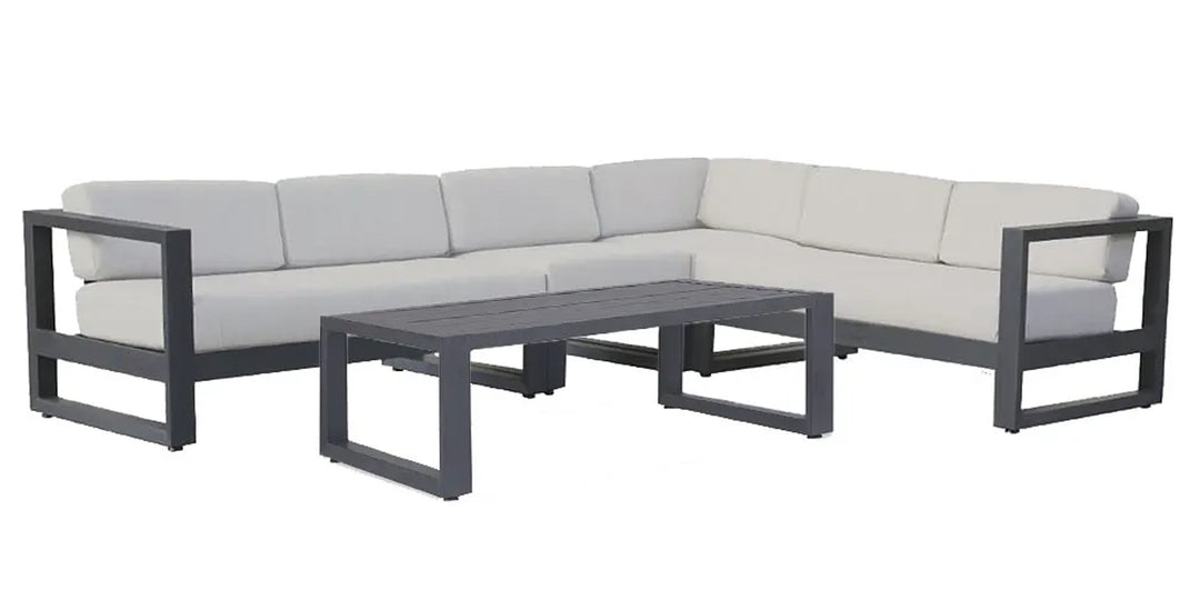 Modern outdoor sectional sofa set with a matching coffee table, featuring a dark frame and light-colored cushions