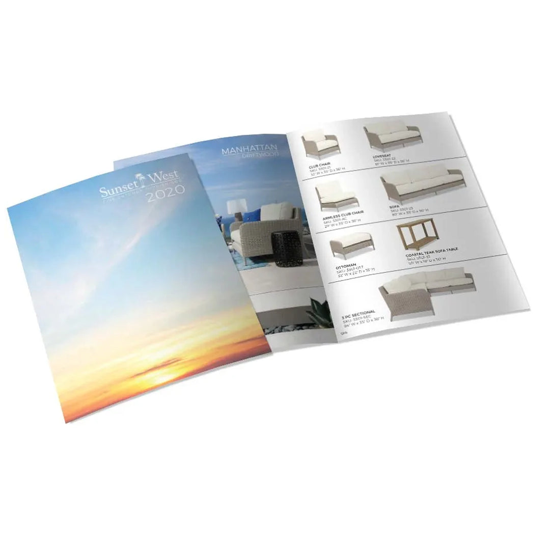 Sunset West furniture catalog displaying a variety of outdoor furniture, including club chairs, loveseats, and sectionals, with detailed product specifications and images.
