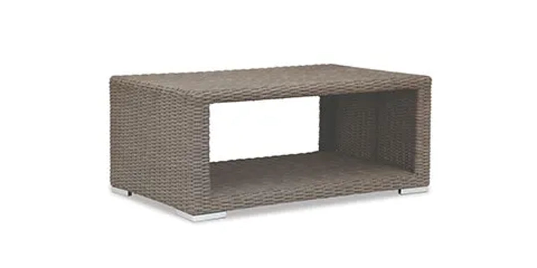 Outdoor wicker coffee table with open storage shelf design, featuring a woven texture in a neutral brown color, perfect for patio and garden settings.