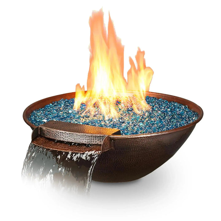 Taza Moreno 30-inch round copper fire and water bowl with blue fire glass and flowing water feature, luxury outdoor fire pit on a white background for modern backyard designs by Starfire Designs