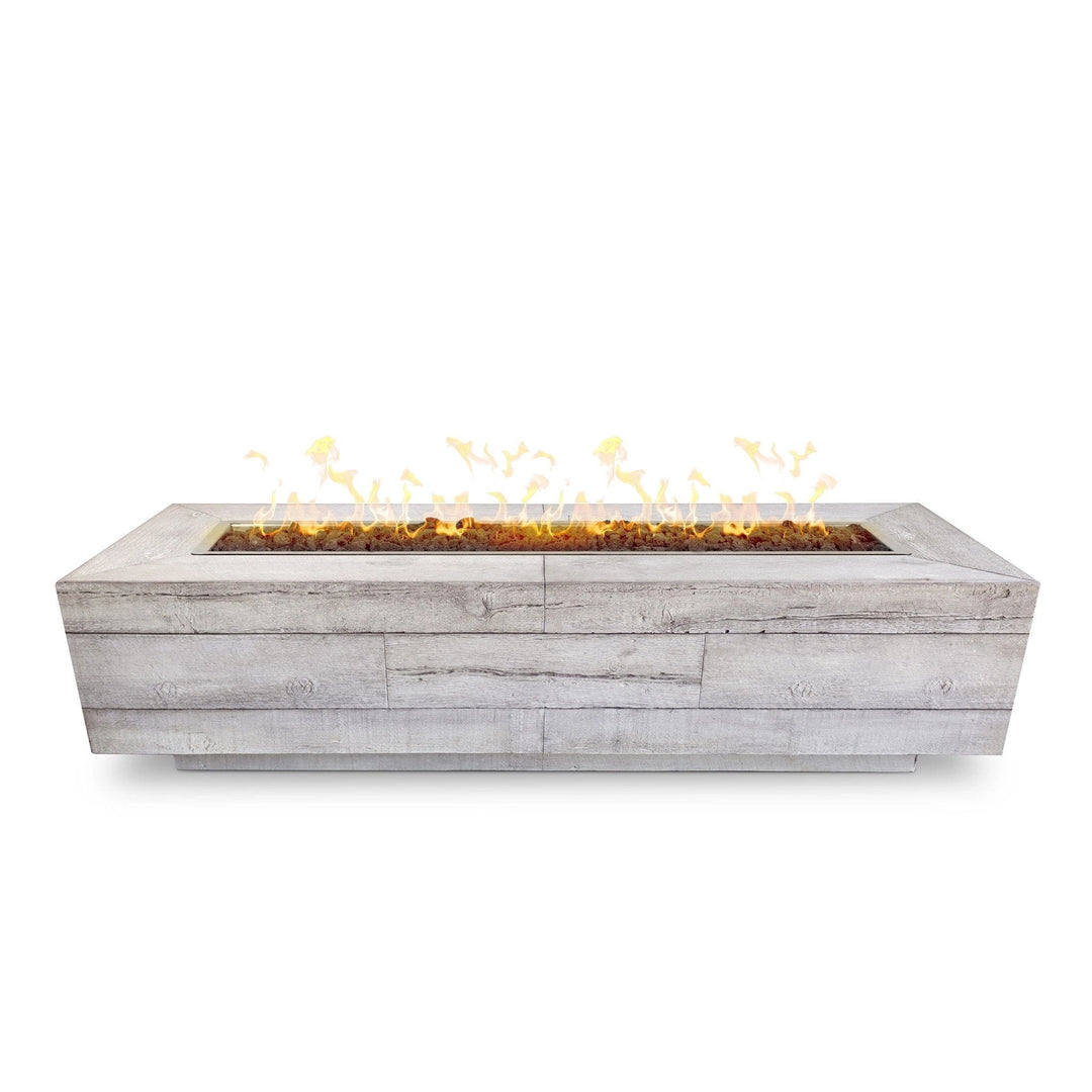 Front view of The Outdoor Plus 108" Catalina Wood Grain Concrete Gas Fire Pit in ivory. The fire pit's sleek and modern design blends wood-like concrete panels and emits even flames across the rectangular surface, making it a luxurious addition to any patio or outdoor space. Ideal for both residential and commercial settings.
