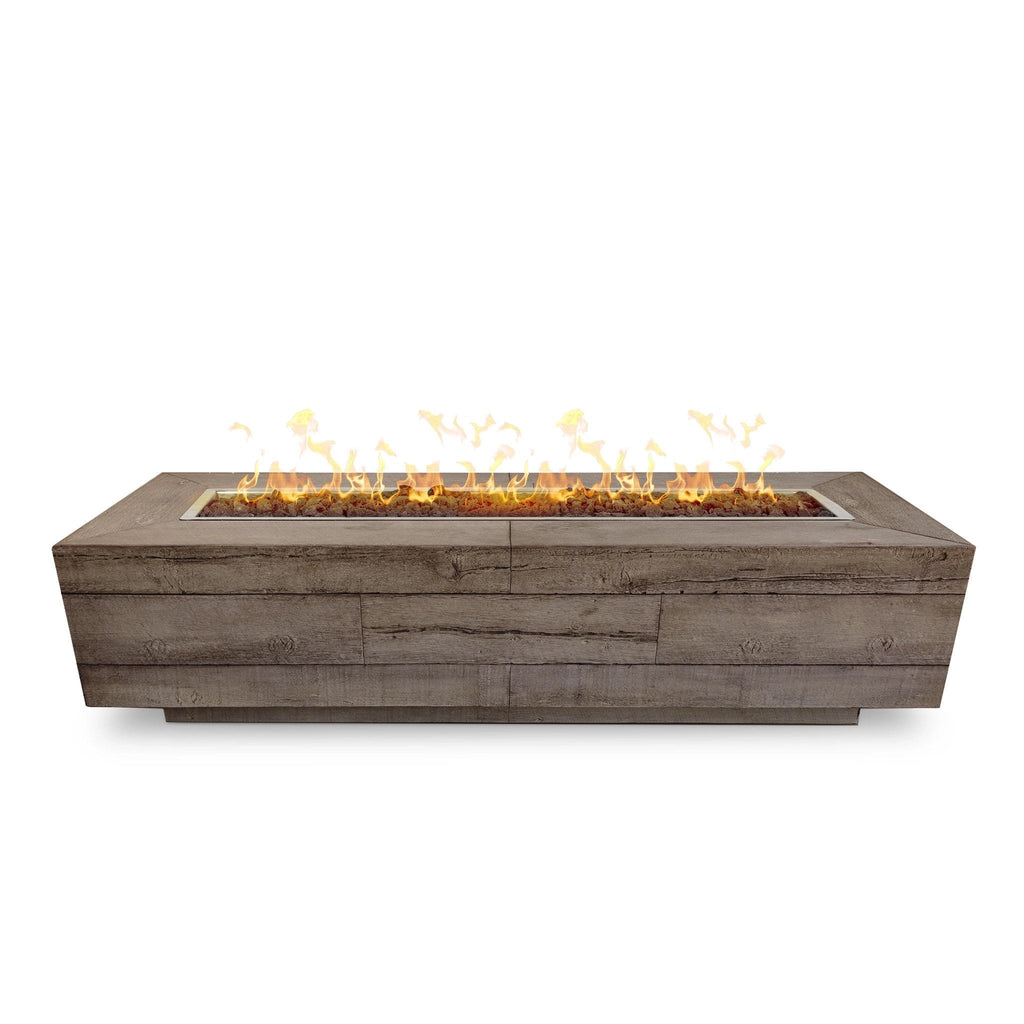 This is the Outdoor Plus 108" Catalina Wood Grain Concrete Gas Fire Pit in Oak finish, shown with a long rectangular burner creating bright flames. The design mimics real wood grain for a natural aesthetic. Ideal for outdoor spaces, this fire pit enhances both warmth and style. Key features include the wood-like texture, concrete durability, and clean-burning gas. Perfect for large outdoor gatherings or as a centerpiece for patios and gardens.