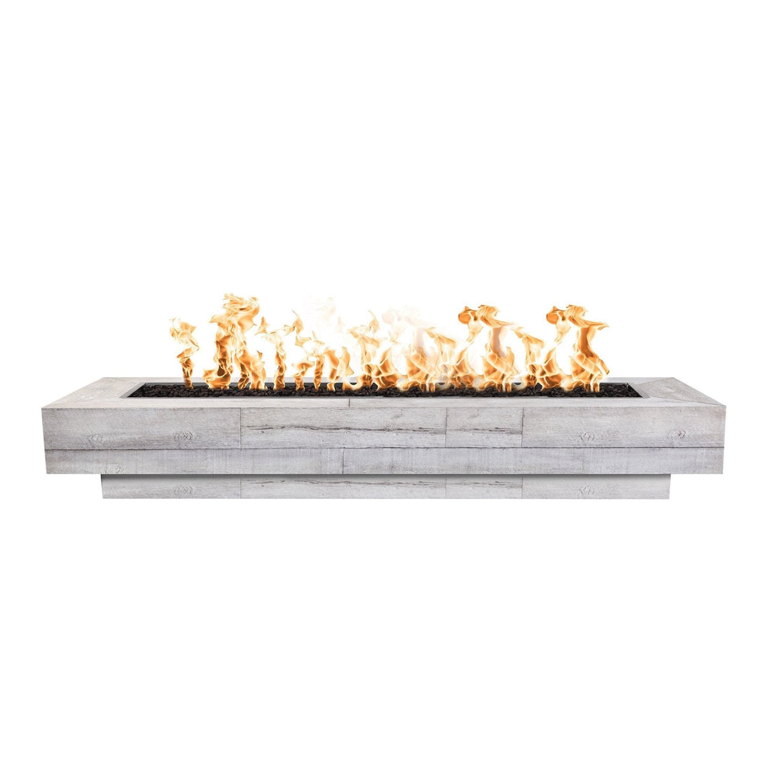 The Outdoor Plus 108" Coronado Wood Grain Concrete Gas Fire Pit in an ivory finish with a clean rectangular shape and realistic wood grain texture. Ideal for outdoor patios, backyards, or commercial spaces, this fire pit provides a modern gas fire experience while maintaining a rustic, natural look. Features a wide flame bed that creates a striking visual effect.