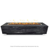 Top view of The Outdoor Plus 120" Catalina Wood Grain Concrete Gas Fire Pit in Ebony, showcasing the long rectangular fire burner emitting bright flames. The durable concrete structure features a dark wood grain texture, ideal for contemporary outdoor settings.