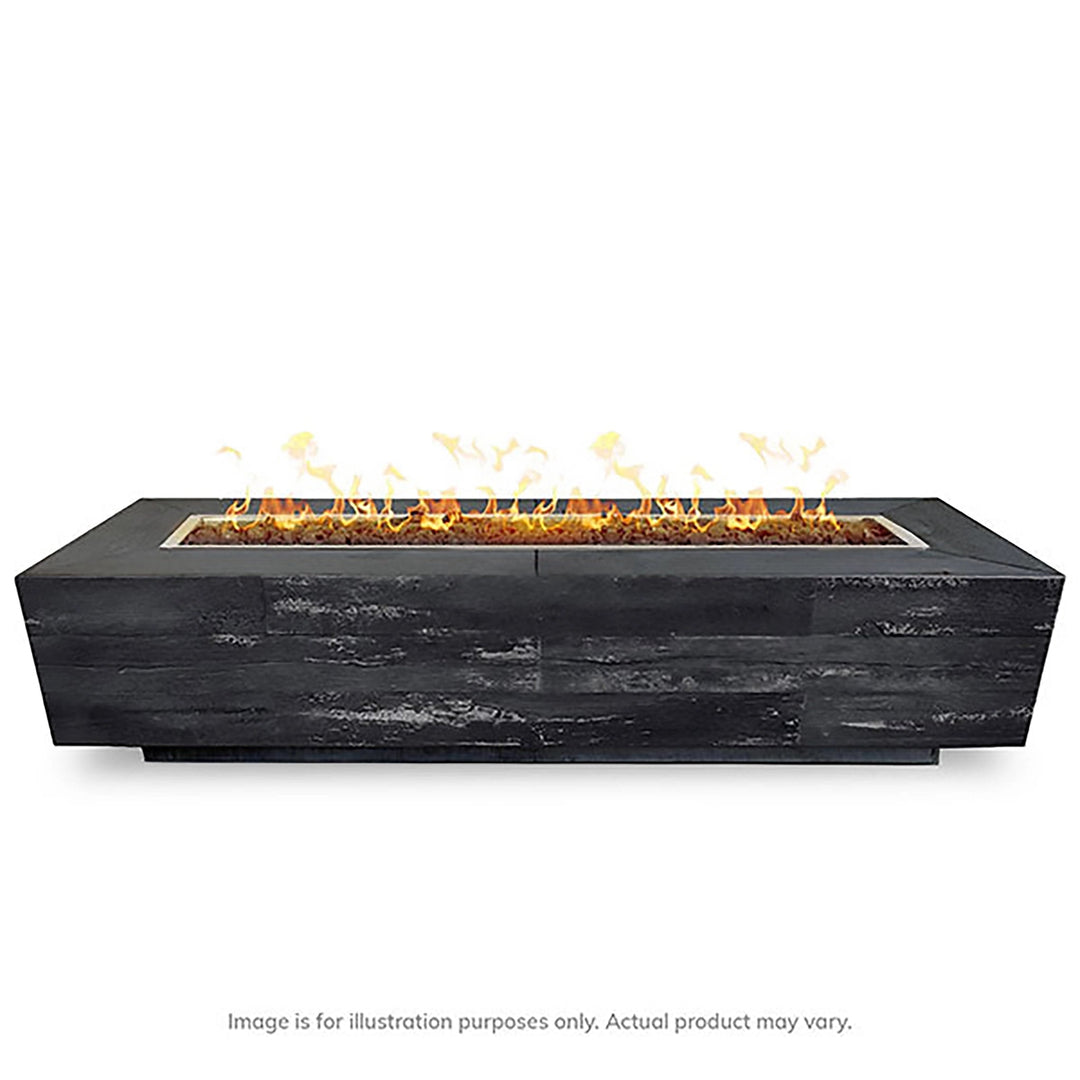 Top view of The Outdoor Plus 120" Catalina Wood Grain Concrete Gas Fire Pit in Ebony, showcasing the long rectangular fire burner emitting bright flames. The durable concrete structure features a dark wood grain texture, ideal for contemporary outdoor settings.