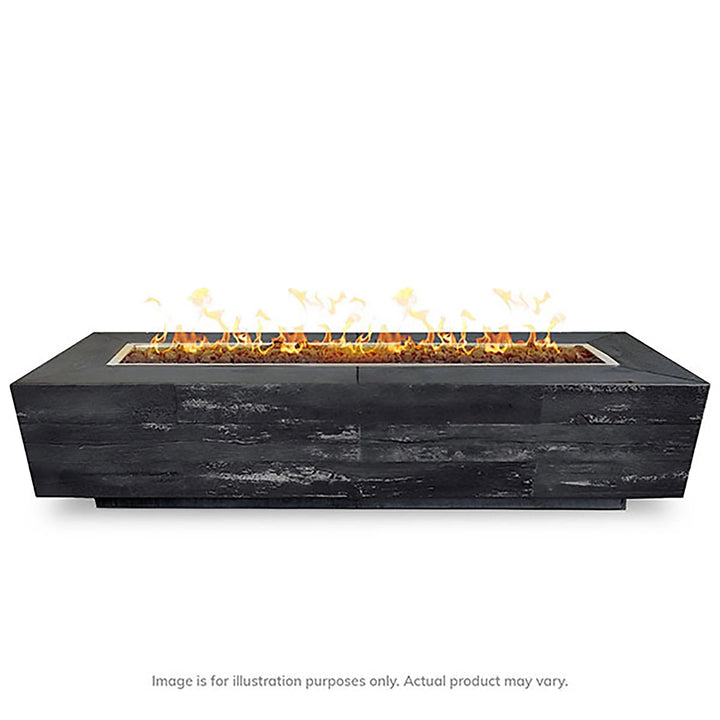 Top view of The Outdoor Plus 120" Catalina Wood Grain Concrete Gas Fire Pit in Ebony, showcasing the long rectangular fire burner emitting bright flames. The durable concrete structure features a dark wood grain texture, ideal for contemporary outdoor settings.