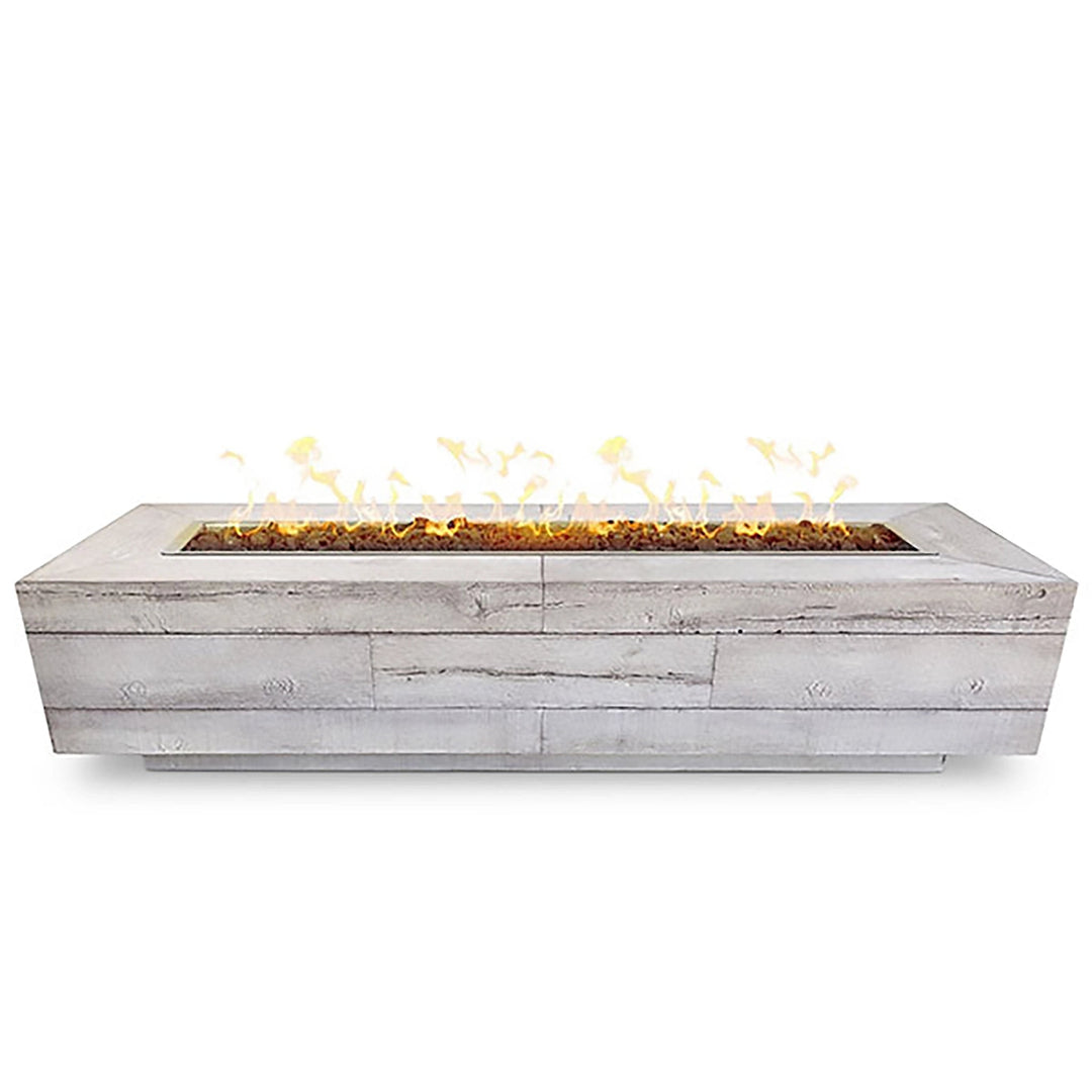 Front view of The Outdoor Plus 120-inch Catalina Wood Grain Concrete Gas Fire Pit in Ivory. This large fire pit showcases an elegant wood grain texture with a rectangular design, perfect for large outdoor spaces. It provides a luxurious centerpiece for patios, creating warmth and ambiance with its natural flame
