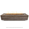 The Outdoor Plus 120-inch Catalina Wood Grain Concrete Gas Fire Pit in Oak, featuring a rustic wood grain finish with realistic texture. This large rectangular gas fire pit offers a robust flame display, ideal for outdoor entertaining. Perfect for enhancing any backyard or patio with a natural oak wood appearance and high heat output. Suitable for propane or natural gas