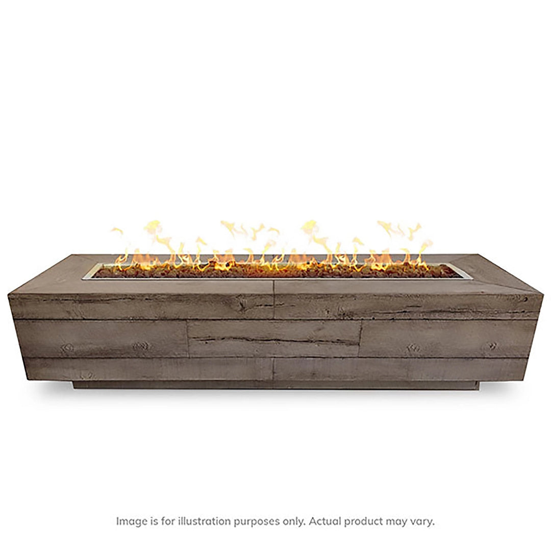 The Outdoor Plus 120-inch Catalina Wood Grain Concrete Gas Fire Pit in Oak, featuring a rustic wood grain finish with realistic texture. This large rectangular gas fire pit offers a robust flame display, ideal for outdoor entertaining. Perfect for enhancing any backyard or patio with a natural oak wood appearance and high heat output. Suitable for propane or natural gas