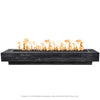 The Outdoor Plus 120-inch Coronado Wood Grain Concrete Gas Fire Pit in ebony color, featuring a rectangular design with realistic wood grain texture, offering a sleek and modern fire pit option for large outdoor spaces. The fire pit showcases a beautiful flame display, perfect for backyard patios and commercial outdoor areas. Constructed with durable concrete, this gas fire pit is designed for use with natural gas or propane. Ideal for luxury outdoor living, contemporary patio setup.