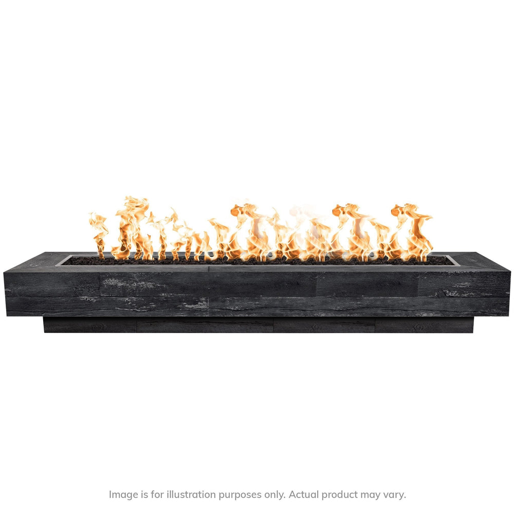 The Outdoor Plus 120-inch Coronado Wood Grain Concrete Gas Fire Pit in ebony color, featuring a rectangular design with realistic wood grain texture, offering a sleek and modern fire pit option for large outdoor spaces. The fire pit showcases a beautiful flame display, perfect for backyard patios and commercial outdoor areas. Constructed with durable concrete, this gas fire pit is designed for use with natural gas or propane. Ideal for luxury outdoor living, contemporary patio setup.