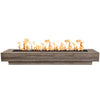 The Outdoor Plus 120-inch Coronado Wood Grain Concrete Gas Fire Pit in Oak finish, showcasing a rectangular shape with realistic wood grain detailing. This large fire pit is perfect for outdoor patios, providing a rustic aesthetic while maintaining durability with its concrete construction. The fire pit is designed for natural gas or propane and creates a warm ambiance with its powerful flame. Ideal for commercial or residential use in backyards and outdoor living spaces