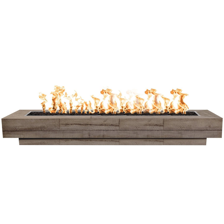 The Outdoor Plus 120-inch Coronado Wood Grain Concrete Gas Fire Pit in Oak finish, showcasing a rectangular shape with realistic wood grain detailing. This large fire pit is perfect for outdoor patios, providing a rustic aesthetic while maintaining durability with its concrete construction. The fire pit is designed for natural gas or propane and creates a warm ambiance with its powerful flame. Ideal for commercial or residential use in backyards and outdoor living spaces