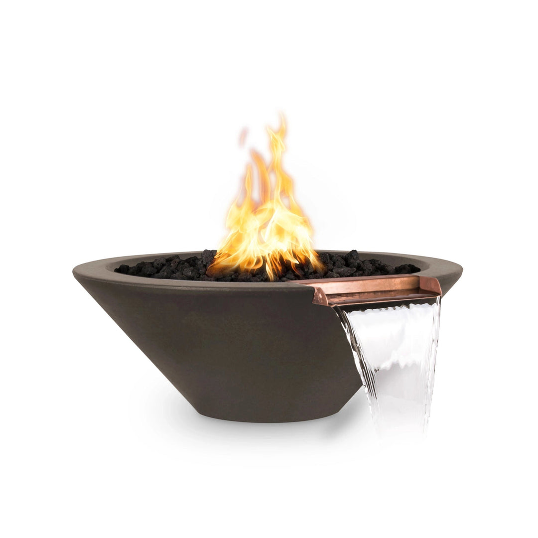 The Outdoor Plus 24-inch Round Concrete Cazo Fire and Water Bowl in chocolate brings a luxurious feel to outdoor settings. The deep chocolate color combined with the copper water spout and integrated fire feature creates a stunning contrast, perfect for contemporary spaces