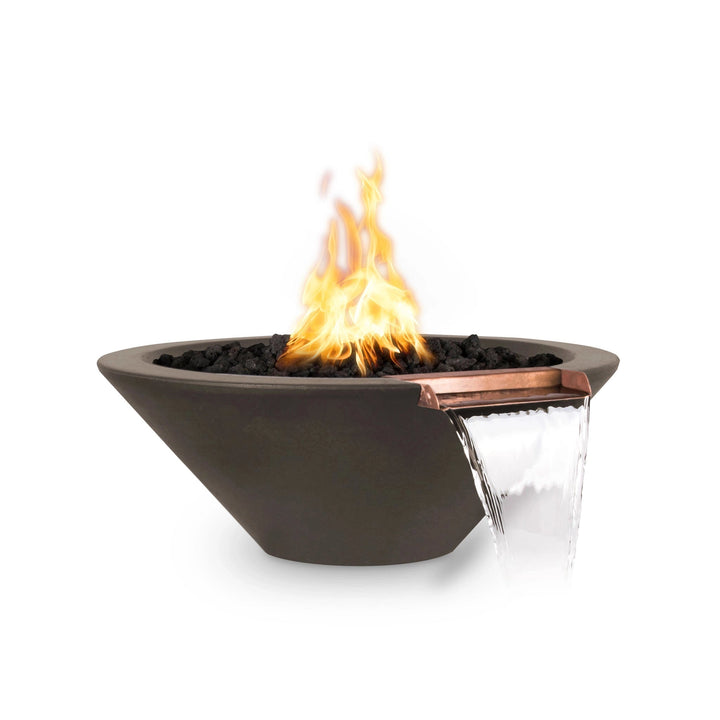 The Outdoor Plus 24-inch Round Concrete Cazo Fire and Water Bowl in chocolate brings a luxurious feel to outdoor settings. The deep chocolate color combined with the copper water spout and integrated fire feature creates a stunning contrast, perfect for contemporary spaces