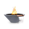 The Outdoor Plus 24-inch Round Concrete Cazo Fire and Water Bowl in gray offers a refined look for outdoor spaces. The smooth gray concrete bowl, featuring a copper spout and fire element, adds both elegance and functionality to any patio or garden