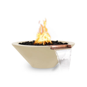 The Outdoor Plus 24-inch Round Concrete Cazo Fire and Water Bowl in vanilla provides an elegant addition to any outdoor setting. The light vanilla hue, combined with a copper water spout and fire feature, brings both beauty and serenity to outdoor patios or gardens