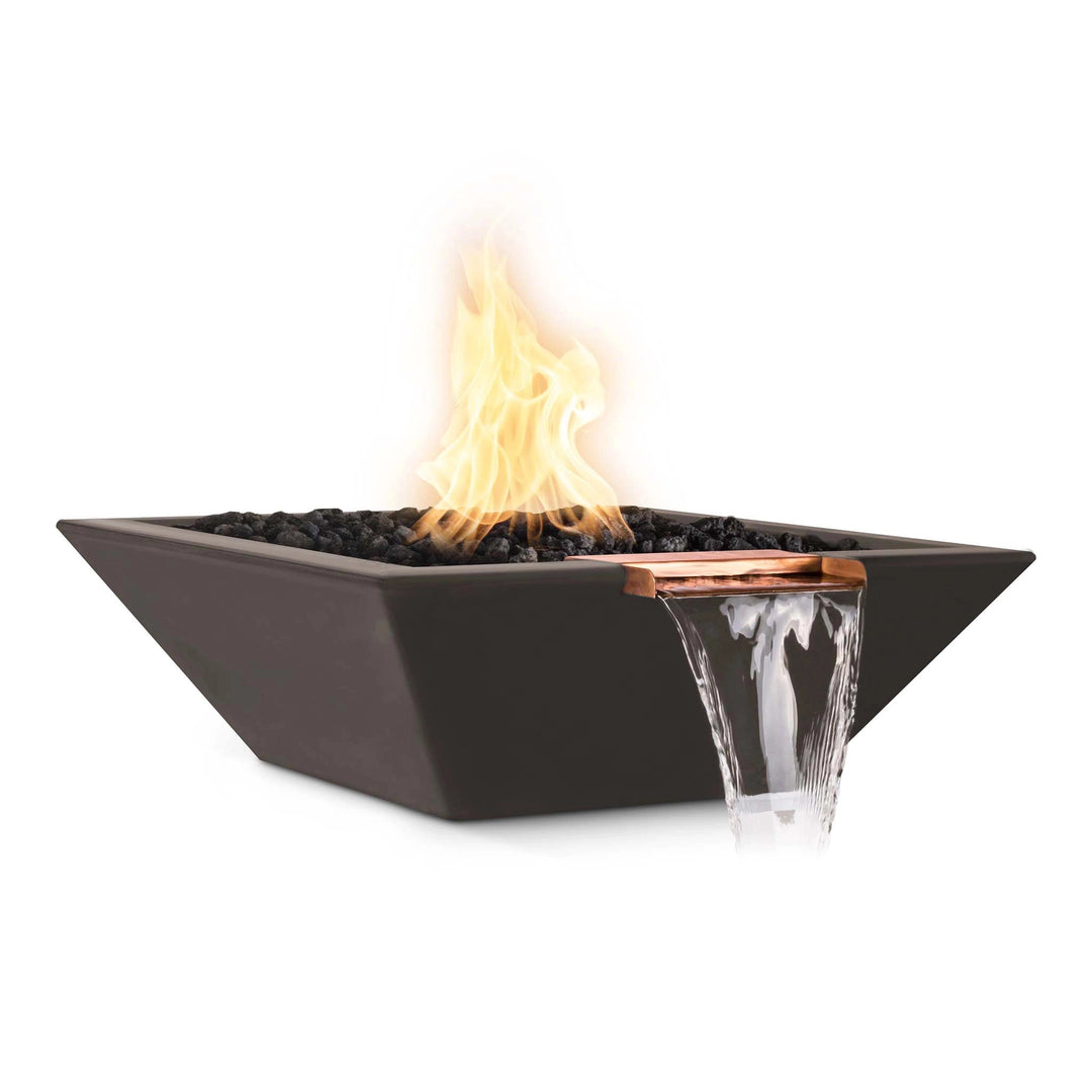The Outdoor Plus 24" Round Concrete Cazo Water Bowl in chocolate color. A deep brown, chocolate-toned water bowl crafted from sturdy concrete with a copper water spillway. This elegant water feature brings sophistication and relaxation to outdoor settings, perfect for a backyard or garden.