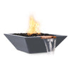 The Outdoor Plus 24" Round Concrete Cazo Water Bowl in gray color. This sleek and modern concrete water bowl has a neutral gray finish and a copper spillway, creating a subtle and calming water feature for contemporary outdoor spaces. Ideal for adding a minimalist water element to patios or garden areas.
