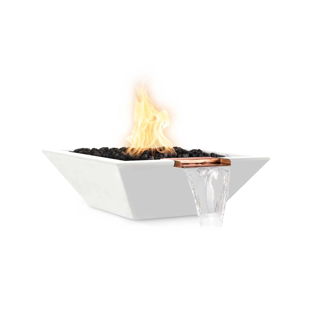 The Outdoor Plus 24" Round Concrete Cazo Water Bowl in limestone color. This water bowl features a light limestone finish, with a natural and elegant look. Combined with a copper spillway, it offers a tranquil water feature perfect for blending into stone or natural outdoor designs
