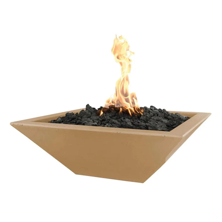 The Outdoor Plus 24-inch square concrete Maya fire bowl in brown color offers a rustic and earthy tone to your backyard or patio space. Constructed from strong GFRC, this fire bowl is perfect for outdoor use, withstanding harsh weather conditions while maintaining its aesthetic appeal. The deep brown finish blends seamlessly with natural surroundings, making it a great choice for outdoor enthusiasts. Fueled by either propane or natural gas, this fire bowl provides a warm and inviting atmosphere.