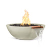 The Outdoor Plus 27-inch Round Concrete Sedona Fire and Water Bowl in Ash finish. This sleek fire and water feature includes a round bowl with a built-in spillway for water flow, combined with a fire burner. Ideal for adding a luxurious touch to outdoor living spaces with modern design and ambiance. Made from durable GFRC (Glass Fiber Reinforced Concrete), this fire bowl is perfect for residential and commercial use. Fire and water elements bring both warmth and elegance to outdoor areas.