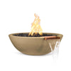 The Outdoor Plus 27-inch Round Concrete Sedona Fire and Water Bowl in Brown finish. This dual-function fire and water bowl is designed to serve as a centerpiece for patios or outdoor areas, combining the warmth of fire with the relaxing sound of running water. The rich brown finish adds earthy tones to the design, making it a natural fit for outdoor settings. Constructed from long-lasting GFRC, it is suitable for year-round outdoor use.