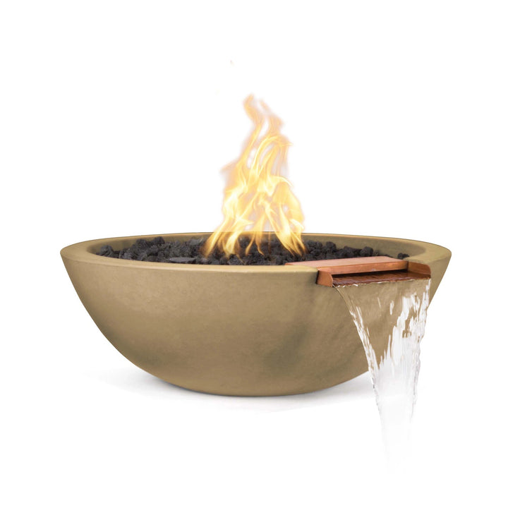 The Outdoor Plus 27-inch Round Concrete Sedona Fire and Water Bowl in Brown finish. This dual-function fire and water bowl is designed to serve as a centerpiece for patios or outdoor areas, combining the warmth of fire with the relaxing sound of running water. The rich brown finish adds earthy tones to the design, making it a natural fit for outdoor settings. Constructed from long-lasting GFRC, it is suitable for year-round outdoor use.