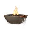 The Outdoor Plus 27-inch Round Concrete Sedona Fire and Water Bowl in Chocolate finish. This fire and water feature adds both visual appeal and functional beauty to poolside areas or outdoor patios, with its fire burner and water spillway creating a waterfall effect. The chocolate finish brings warmth to outdoor spaces, while the GFRC material ensures durability. Perfect for creating a luxurious atmosphere in modern outdoor settings.