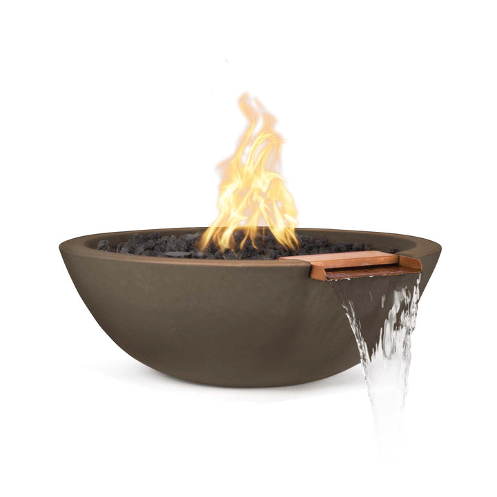 The Outdoor Plus 27-inch Round Concrete Sedona Fire and Water Bowl in Chocolate finish. This fire and water feature adds both visual appeal and functional beauty to poolside areas or outdoor patios, with its fire burner and water spillway creating a waterfall effect. The chocolate finish brings warmth to outdoor spaces, while the GFRC material ensures durability. Perfect for creating a luxurious atmosphere in modern outdoor settings.