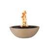 The Outdoor Plus 27-inch round Sedona fire bowl in an earthy brown color with a natural textured finish. This rustic fire bowl complements a variety of outdoor styles, offering durability and charm for residential or commercial spaces.