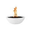The Outdoor Plus 27-inch round Sedona fire bowl in a white limestone finish, presenting a smooth, ivory-toned surface. Perfect for those seeking a natural and clean outdoor aesthetic, this fire bowl is a luxurious addition to any contemporary or traditional outdoor setting.