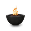 Full view of the Outdoor Plus 30" Luna Concrete Gas Fire Pit in black. Featuring a smooth, round bowl design with a dark, bold concrete finish. Perfect for luxury outdoor settings, this fire pit adds a contemporary touch to patios and backyards.