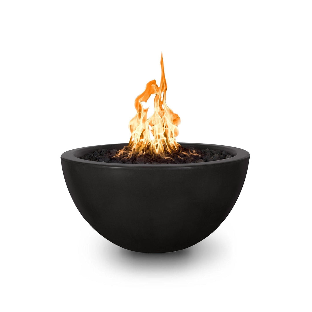 Full view of the Outdoor Plus 30" Luna Concrete Gas Fire Pit in black. Featuring a smooth, round bowl design with a dark, bold concrete finish. Perfect for luxury outdoor settings, this fire pit adds a contemporary touch to patios and backyards.