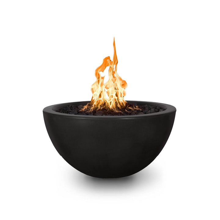 Full view of the Outdoor Plus 30" Luna Concrete Gas Fire Pit in black. Featuring a smooth, round bowl design with a dark, bold concrete finish. Perfect for luxury outdoor settings, this fire pit adds a contemporary touch to patios and backyards.