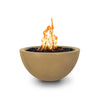 Side view of The Outdoor Plus 30-inch Luna Concrete Gas Fire Pit in brown finish. Featuring a smooth concrete surface with a warm brown tone, this fire pit adds elegance to outdoor living spaces. It’s designed with a deep bowl for natural gas use, creating an inviting ambiance. Ideal for outdoor fire pit setups in patios, gardens, and luxury backyards