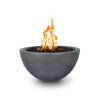 Full view of The Outdoor Plus 30-inch Luna Concrete Gas Fire Pit in a sleek gray finish. This stylish round fire pit is crafted from durable concrete, providing weather resistance and a modern aesthetic to any outdoor space. The fire pit features a large burner for optimal flame distribution and can be fueled by natural gas or propane. Its gray color complements various outdoor decor styles, making it ideal for both residential patios and commercial outdoor lounges