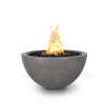 The Outdoor Plus 30" Luna Concrete Gas Fire Pit in natural gray, featuring a smooth, bowl-shaped design with a natural gray finish. This fire pit offers a clean, modern aesthetic perfect for any patio or backyard. The concrete construction ensures durability while the gas-powered flame provides warmth and ambiance.